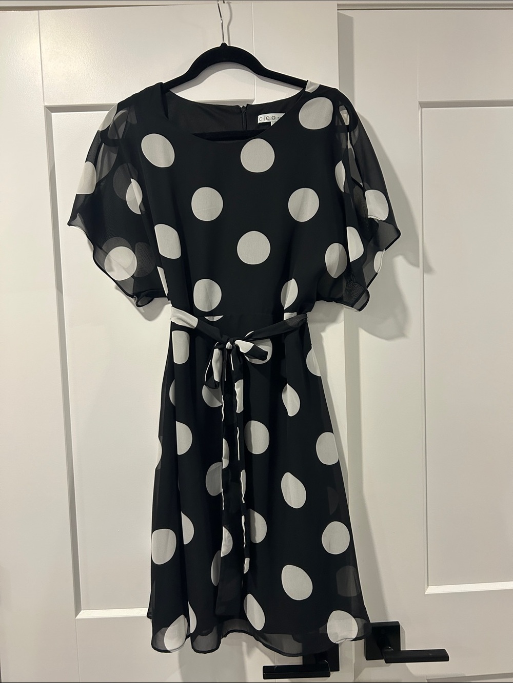 Trendy Black and White Polka Dot Belted Flutter Sleeve Dress